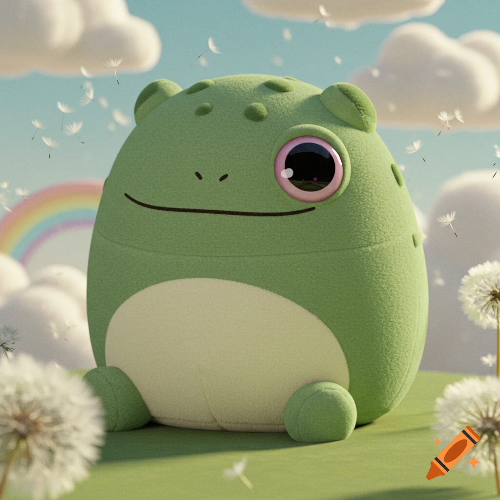 A cute green squishmallow frog with one large pink-rimmed eye, sitting in grass with dandelions and a rainbow in the sky.
