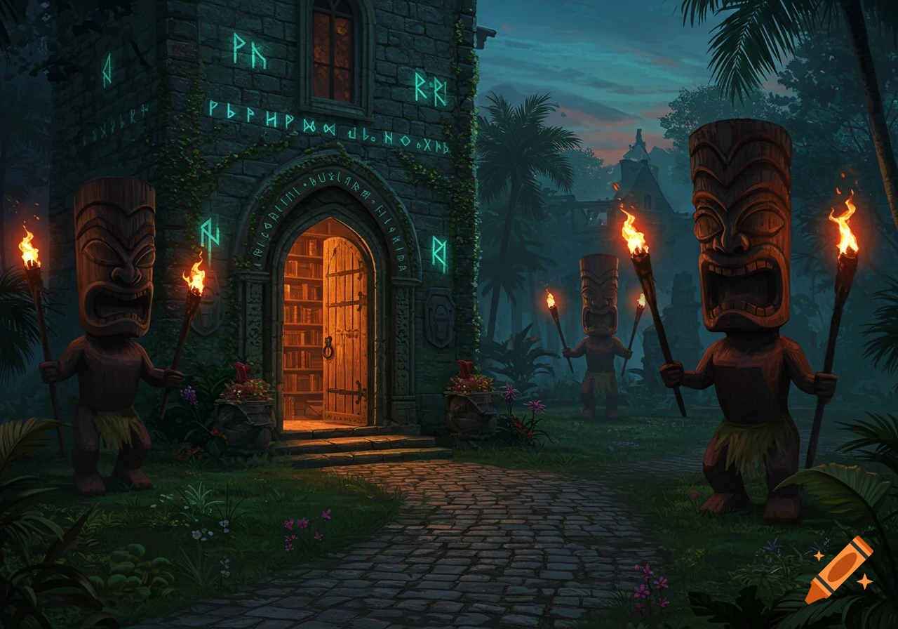A dark, stone building with glowing runes and an open archway stands in a lush jungle, flanked by large tiki statues holding flaming torches.