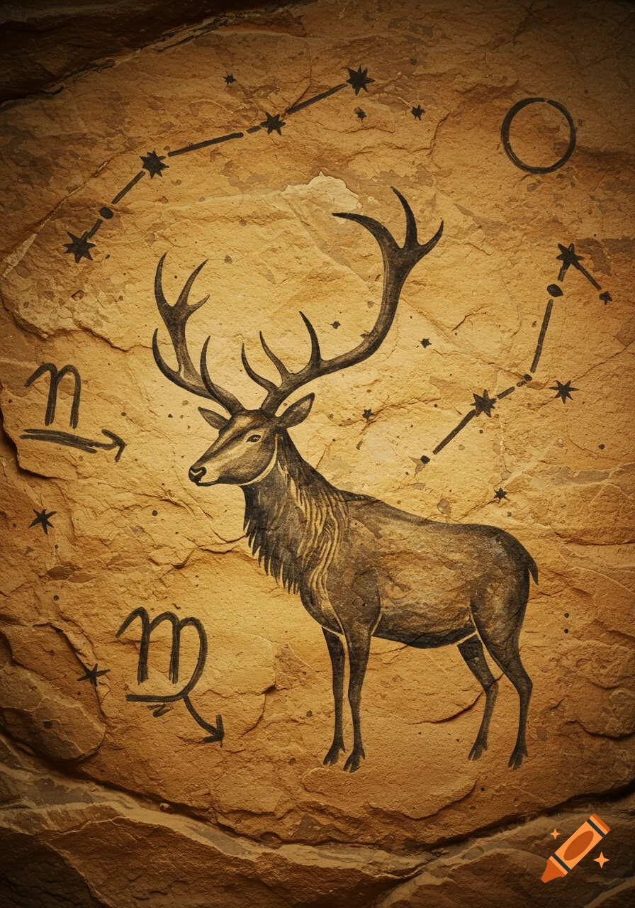 Cave drawing style illustration of a deer-like animal with antlers, surrounded by constellation lines and symbols resembling astrological zodiac signs, etched into a stone-like background.