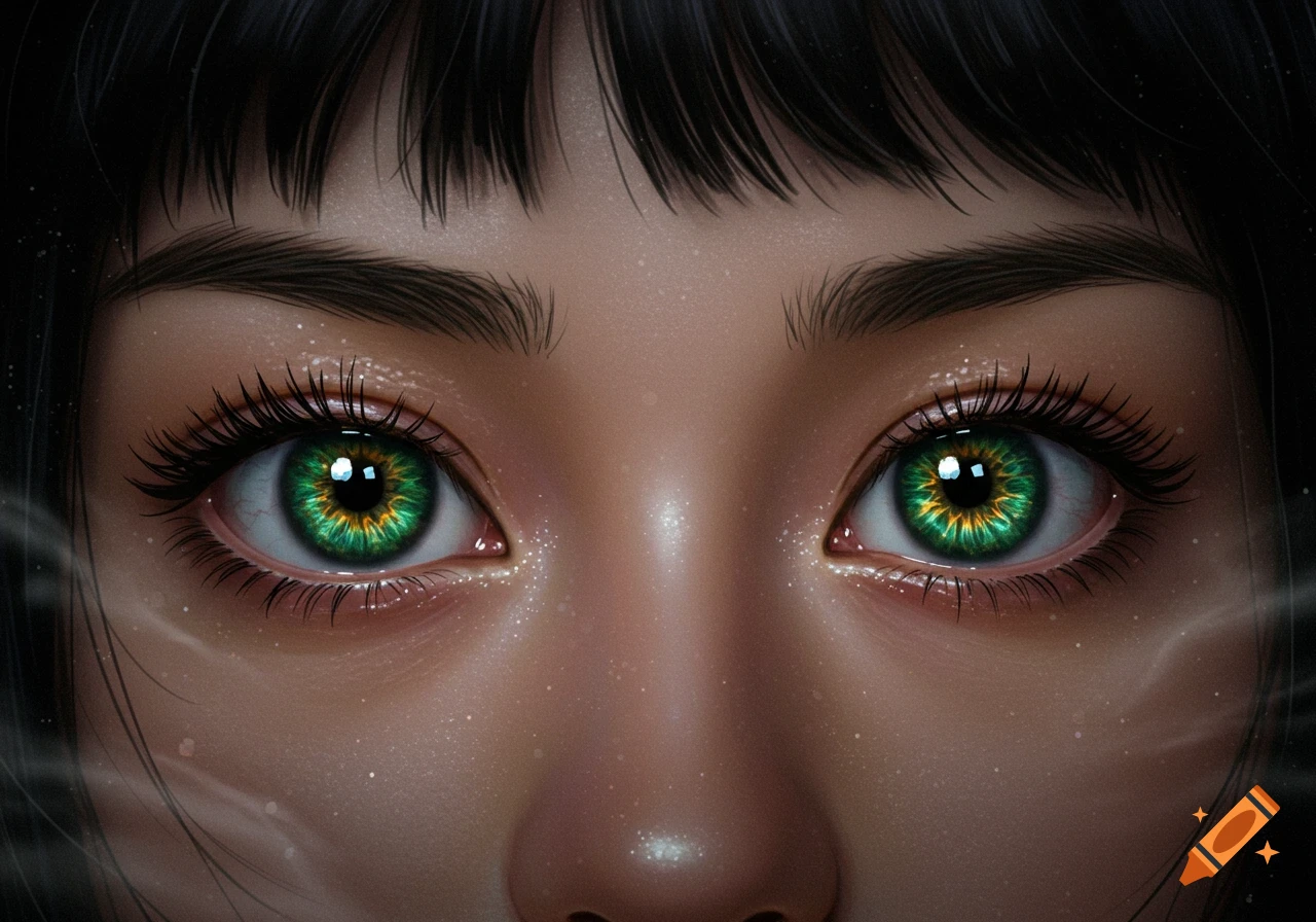 Close-up digital art portrait of two captivating green and gold eyes with long eyelashes and dark hair.