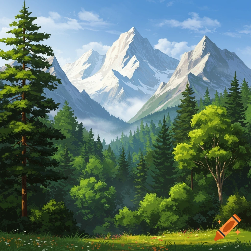 Illustrative painting of a vibrant green forest and misty valley leading to snow-capped mountains under a blue sky.