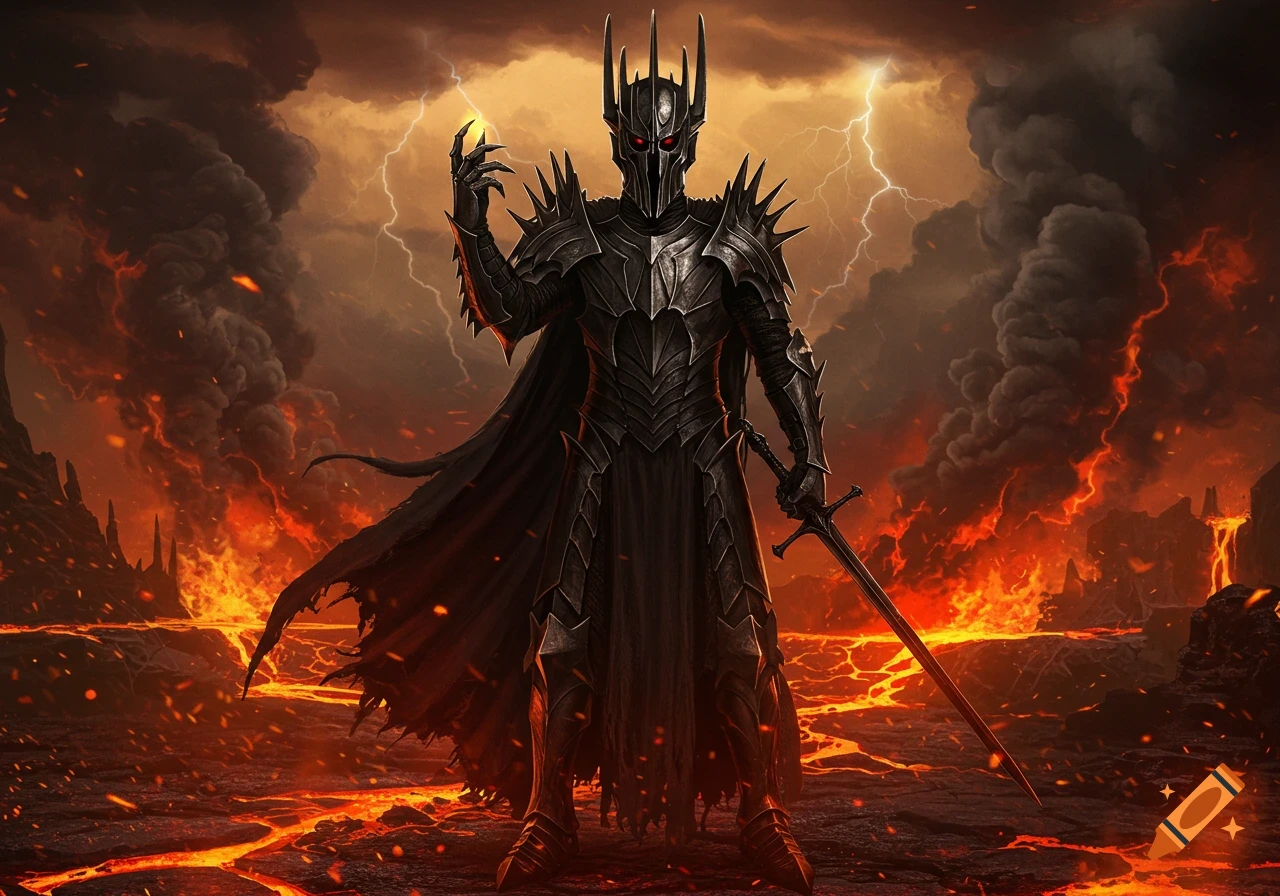 A fully armored dark lord with a sword stands in a volcanic landscape with lightning, in a fantasy art style.
