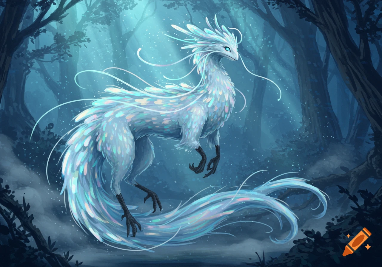 A mystical feathered creature with glowing eyes and iridescent white and blue scales floats in a shimmering, dark blue forest.