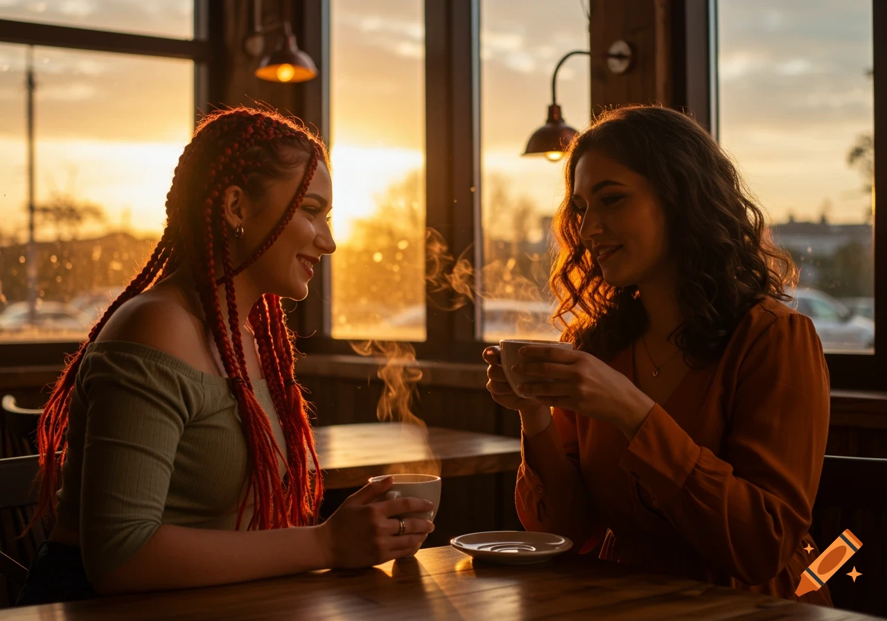 Two young women with coffee mugs chatting in a cozy cafe at sunset, one with red braids, the other with wavy brown hair. Photorealistic.