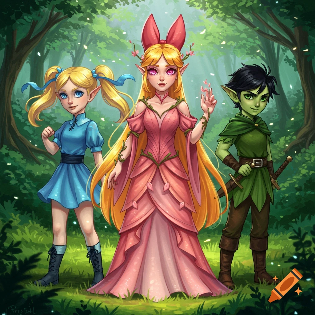 Fantasy art of three characters: a blond girl in blue, a blond elf woman in pink, and a green-skinned elf boy in green, standing in a magical forest.