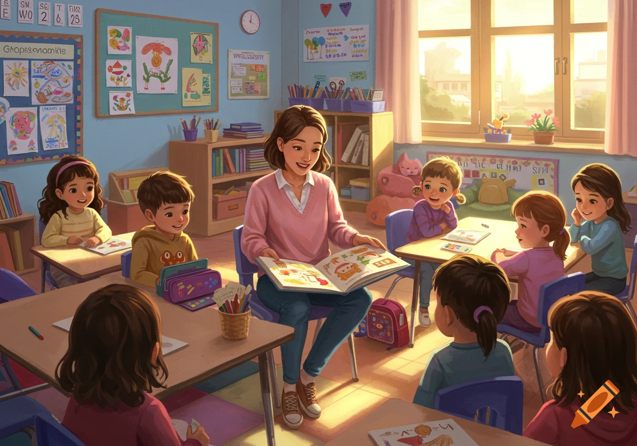 A teacher in a pink sweater reads a book to a group of smiling children in a brightly lit classroom filled with student artwork.