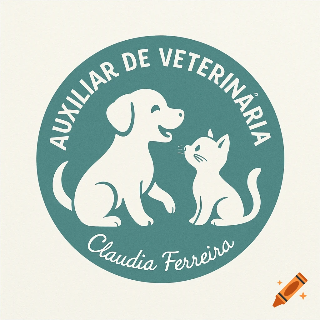 A circular logo with a white cartoon dog and cat on a teal background, with text 'Auxiliar de Veterinária' and 'Claudia Ferreira'.