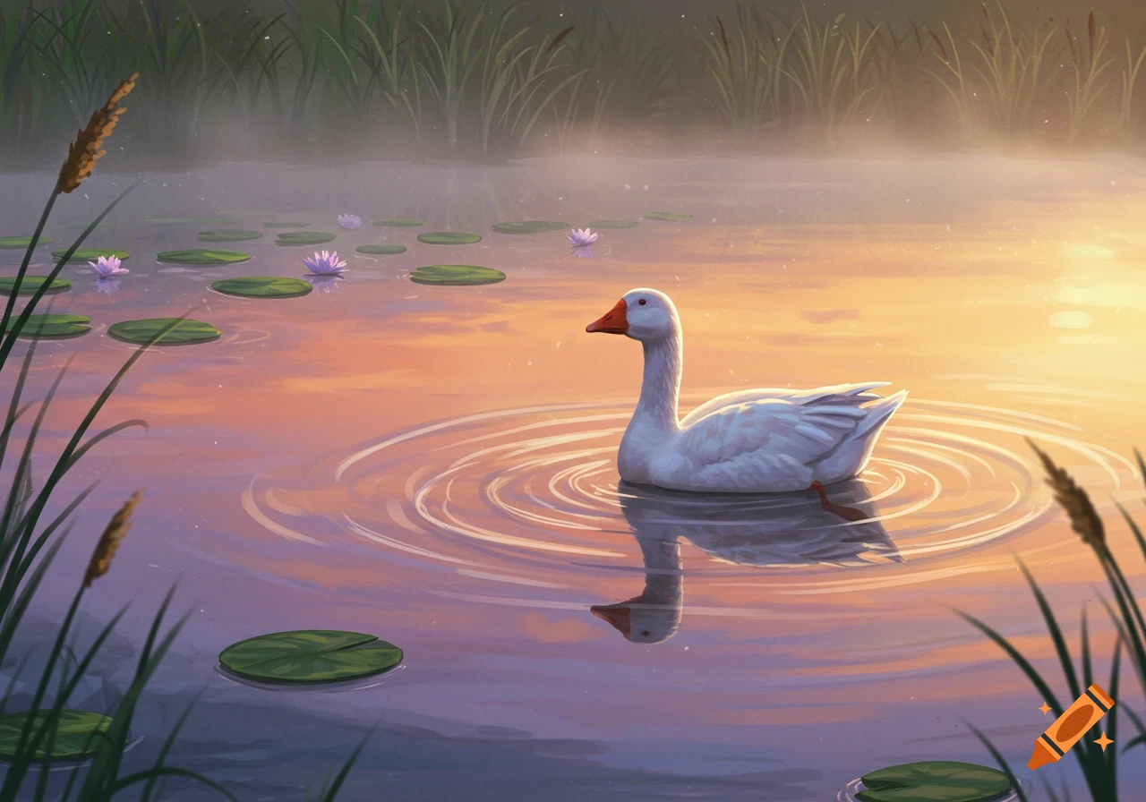 Digital painting of a white goose swimming in a pond with lily pads at sunset.