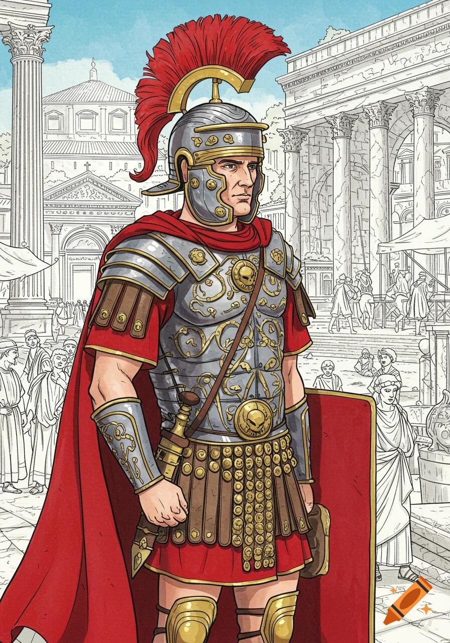 An illustrated Roman soldier in full armor stands in a busy ancient city with outlined buildings in the background.