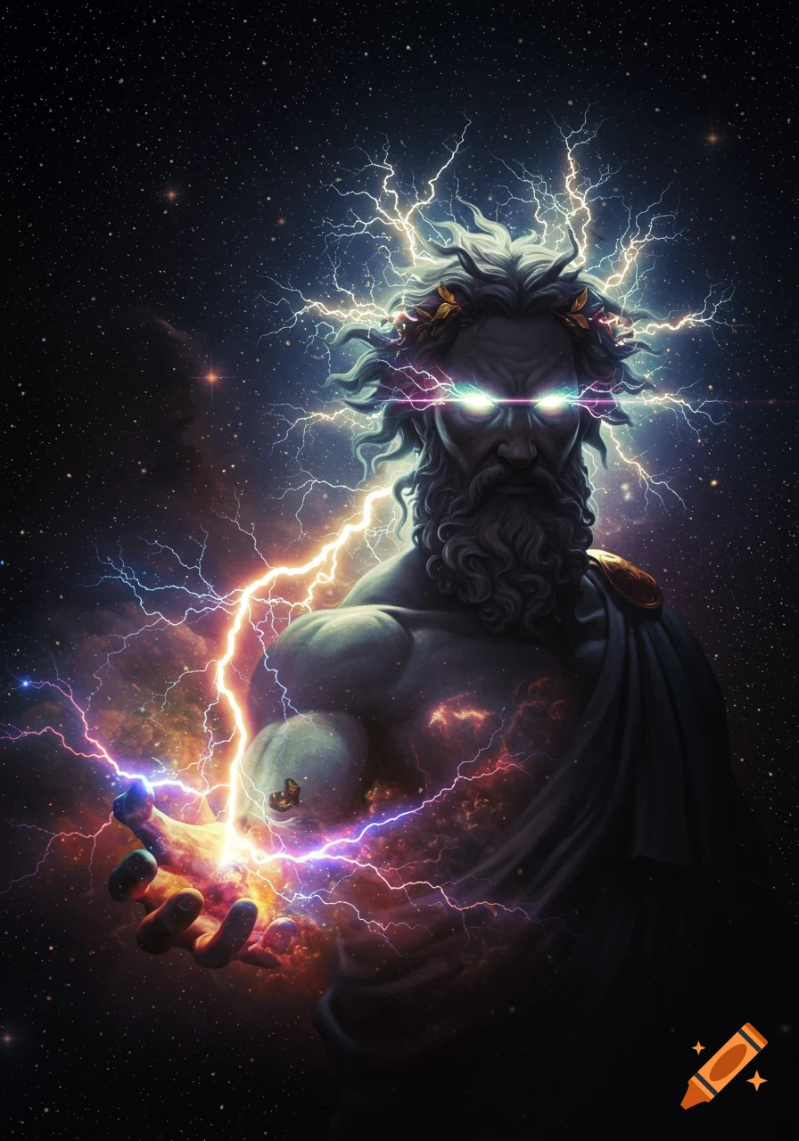 Ultra-realistic cosmic portrait of Zeus with glowing eyes and lightning hair, holding bolts of rainbow lightning in deep space.