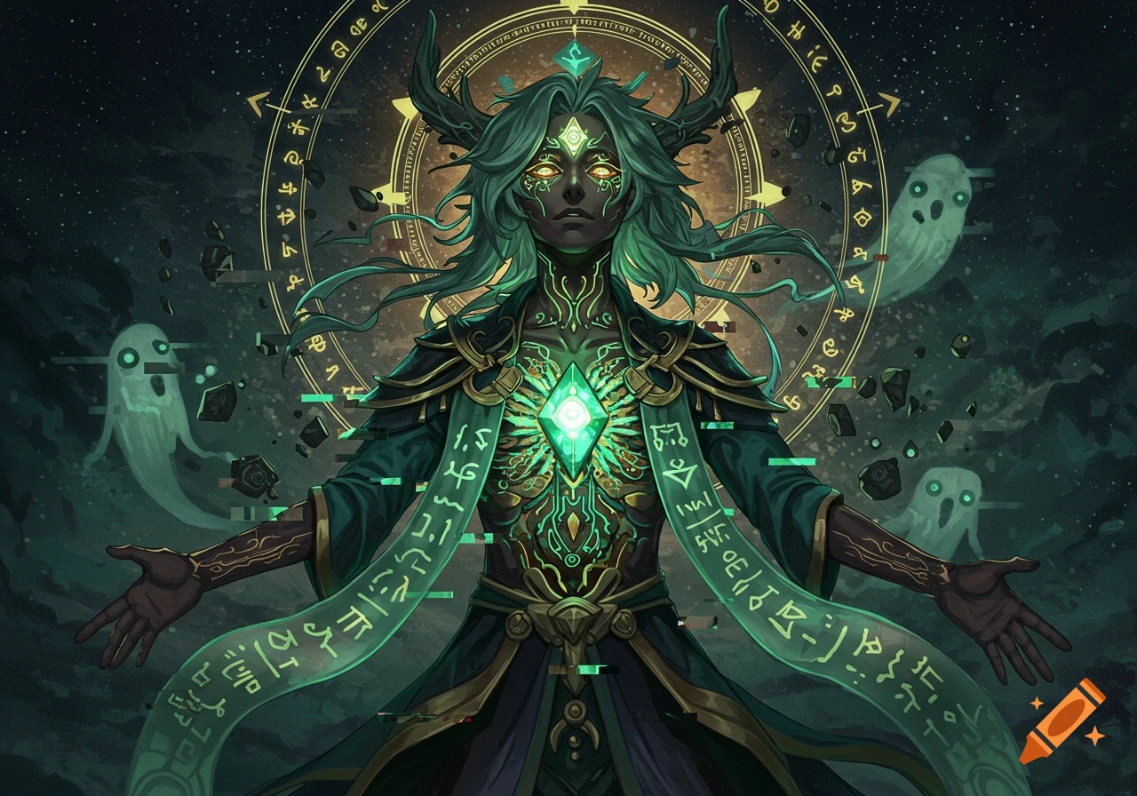 A dark fantasy god-like being with glowing green hair, eyes, and circuit-like veins, surrounded by ancient glyphs and glitch effects.