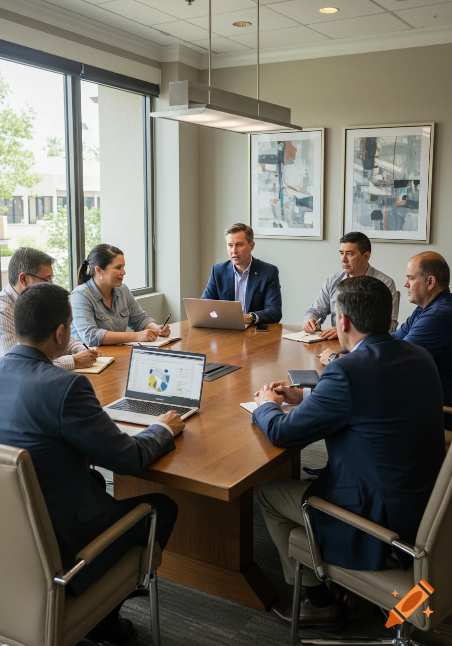 Diverse group of professionals having a meeting around a large wooden table in a modern conference room with laptops and notebooks.