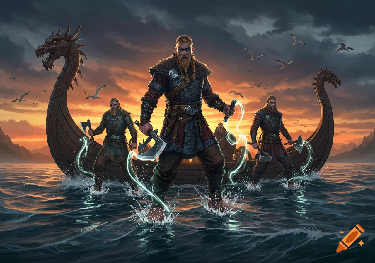 Four muscular Vikings, wielding axes, stand on turbulent water, pushing a longship at sunset. They emit magical light around their feet.