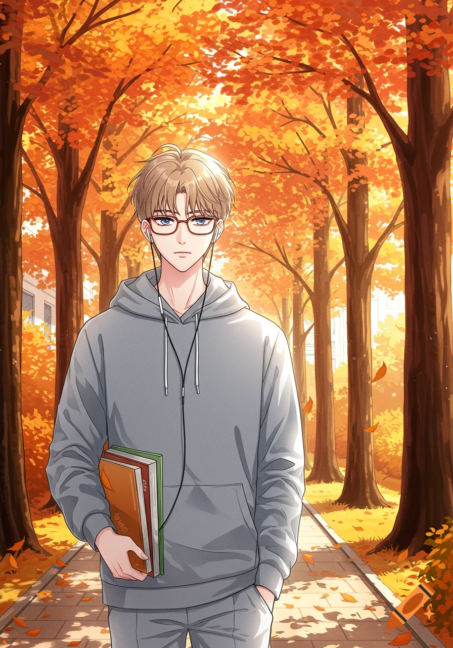 An animated man with glasses and earbuds, in a gray hoodie, holds books while walking through an autumn park.