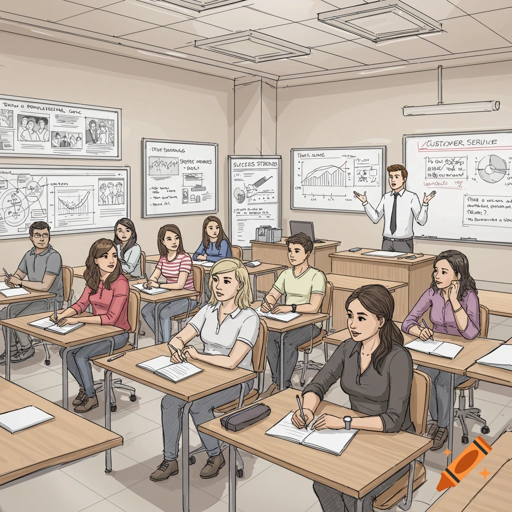 Line sketch of a teacher speaking to students in a classroom during a customer service academy session.