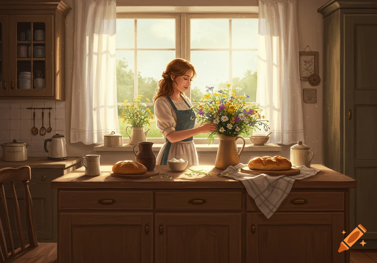 A woman in a rustic kitchen arranges wildflowers in a sunlit window, depicted in a warm, painterly style.