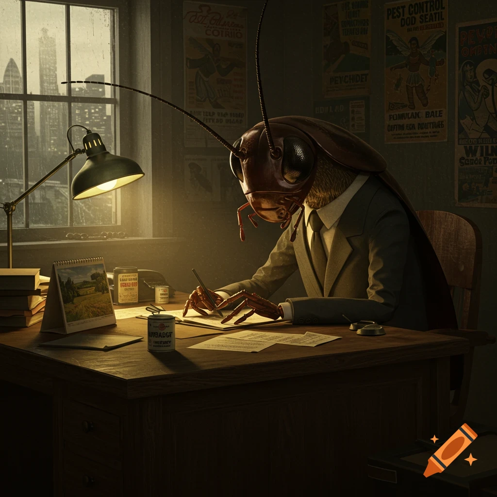 A giant anthropomorphic cockroach in a suit sits at a dim office desk, writing, with city buildings outside the window.
