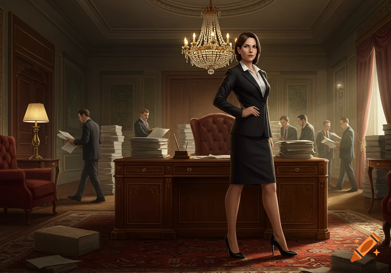 A confident businesswoman in a suit stands in an opulent office with men sorting files in the background.
