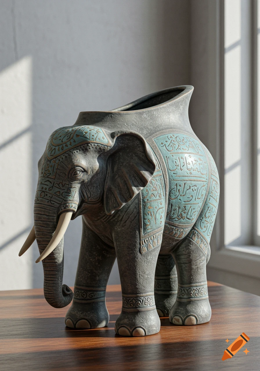Photorealistic image of an ornate elephant-shaped vase with turquoise and gold decorative patterns, sitting on a wooden table.