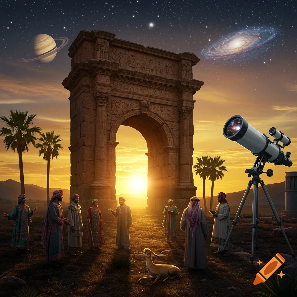 People in traditional robes gather near an ancient stone archway, with a telescope pointed at Saturn and a galaxy in a dramatic sunset sky.