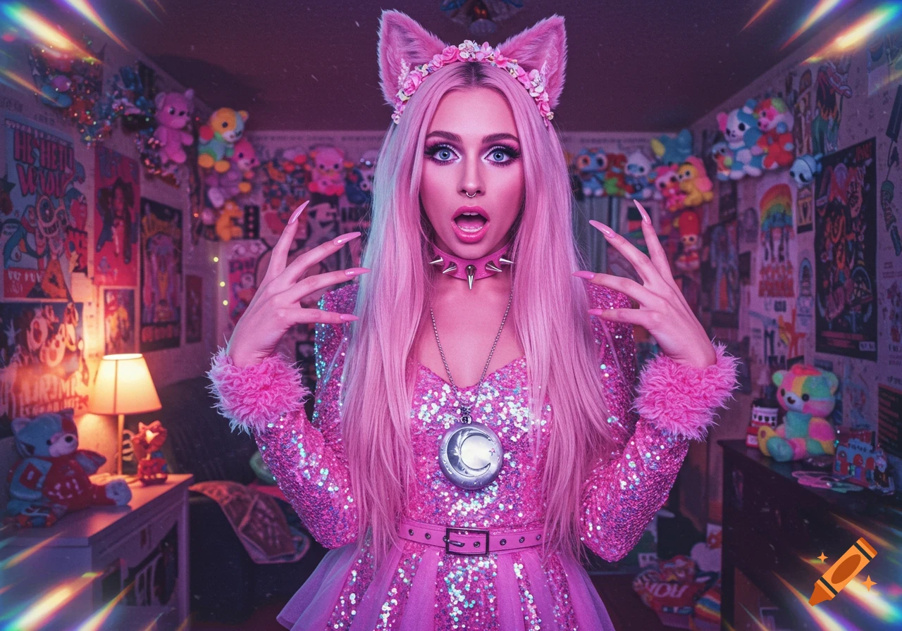 A young woman with long pink hair, cat ears, and a sparkly pink dress poses in a vibrant, cluttered room.