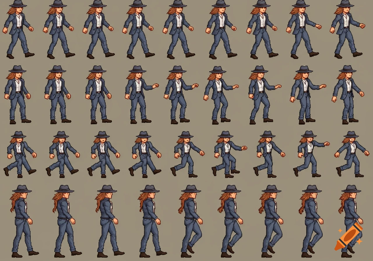 Pixel art spritesheet of a character in a grey suit, fedora, and long hair, walking in various directions.