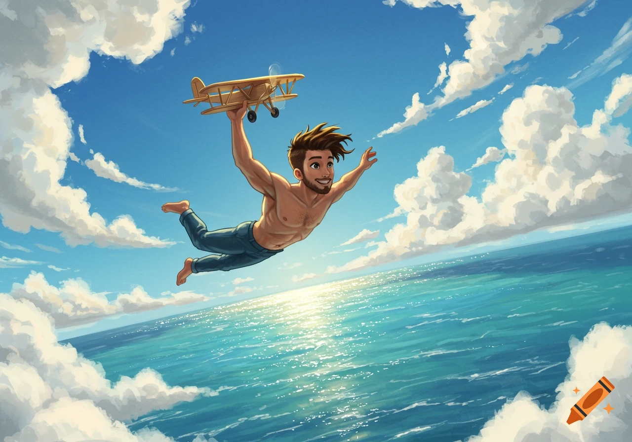 A cartoon illustration of a young, shirtless man with a beard flying over a sunny blue ocean, holding a small toy biplane.