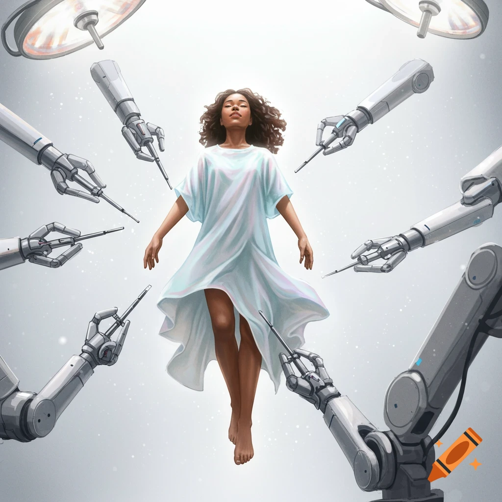 A biracial woman in a medical gown floats in a white, glowy space surrounded by robot medical arms.