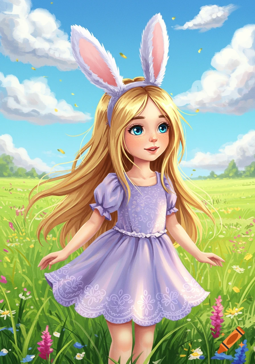 A smiling cartoon girl with long blonde hair and white bunny ears stands in a vibrant field of wildflowers under a blue sky.