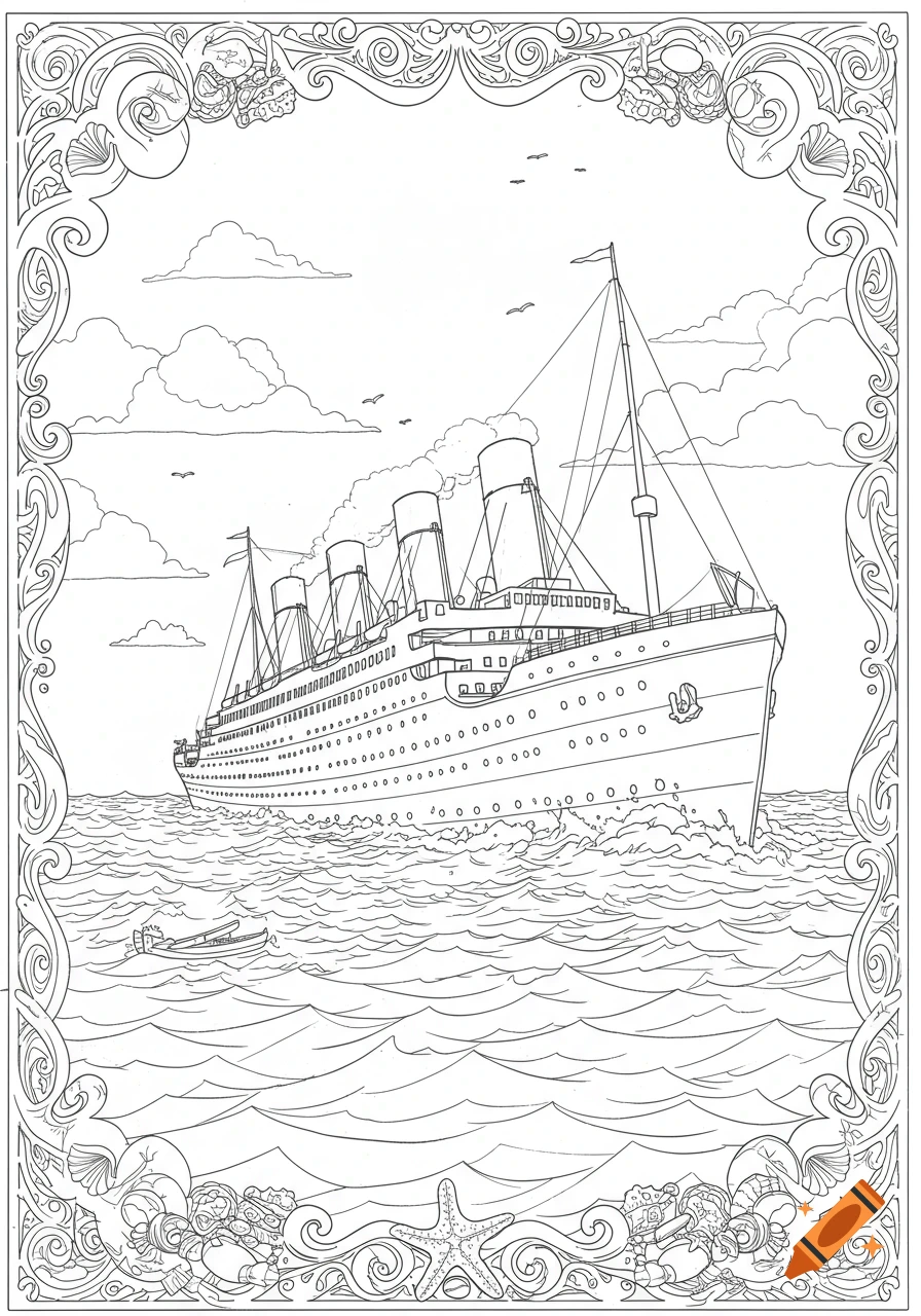 A black and white coloring book outline of the Titanic ship sailing on waves, framed by a decorative border of sea life.