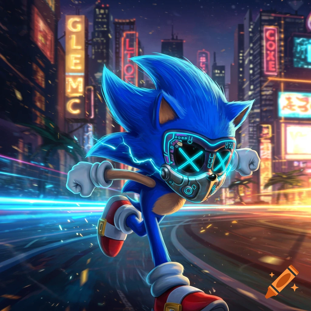 Sonic the Hedgehog wearing a futuristic mask, running through a neon-lit cyberpunk city at night with motion blur.