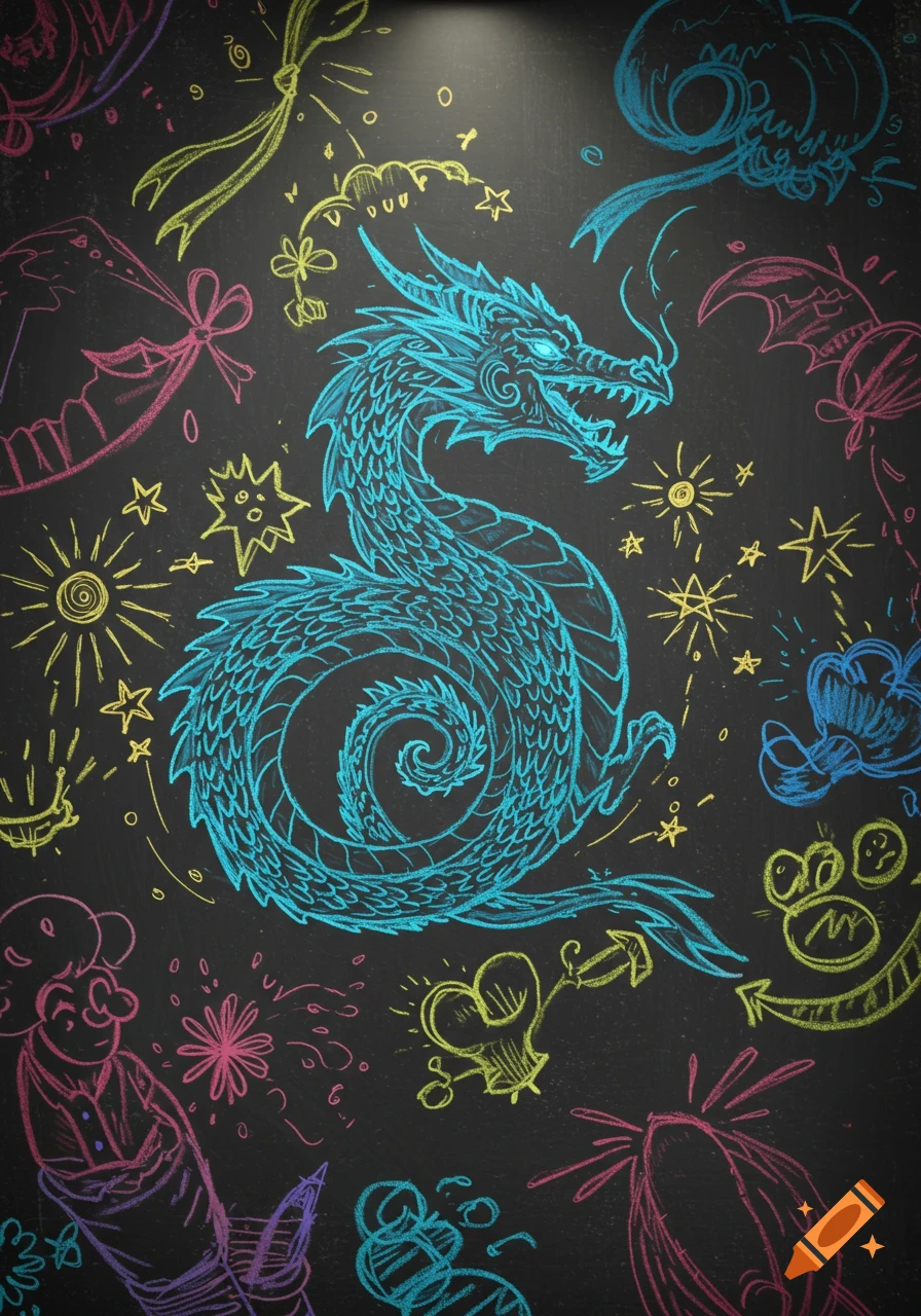 A vibrant blue chalk dragon drawing on a black chalkboard, surrounded by various colorful, whimsical chalk doodles like stars, suns, bows, and abstract shapes.