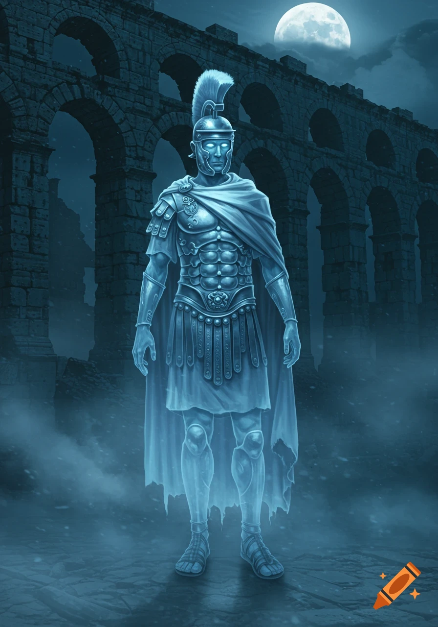 A spectral Roman centurion stands before a crumbling aqueduct under a full moon in a digital painting.