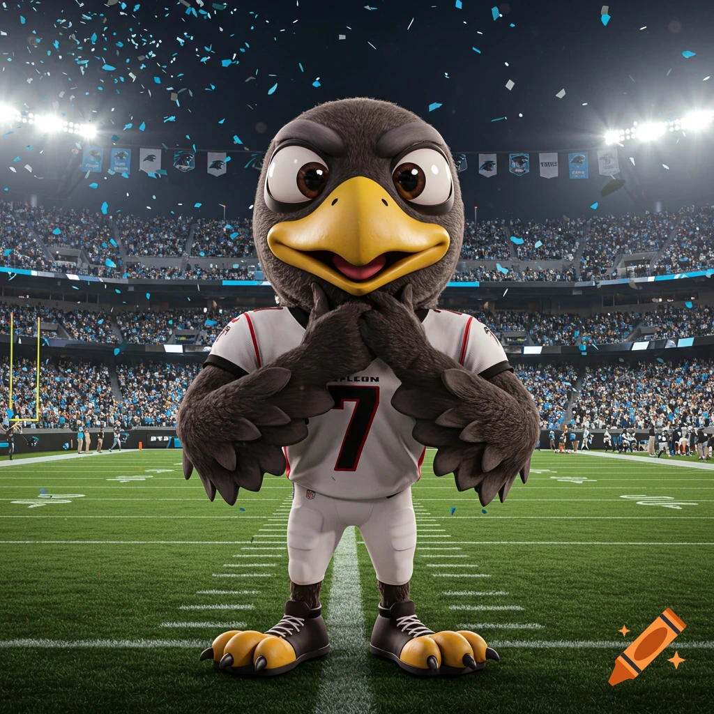 A 3D caricature of the Atlanta Falcons mascot, a dark gray bird with a yellow beak, wearing a white football jersey with '7' on it, standing on a football field in a stadium with confetti falling.