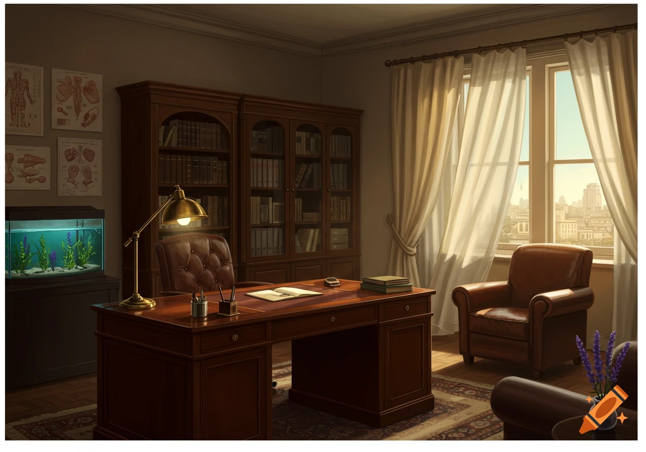A detailed illustration of a doctor's office with a large wooden desk, leather chairs, a bookshelf filled with books, anatomical diagrams on the wall, and an aquarium. Sunlight streams through a large window overlooking a cityscape.