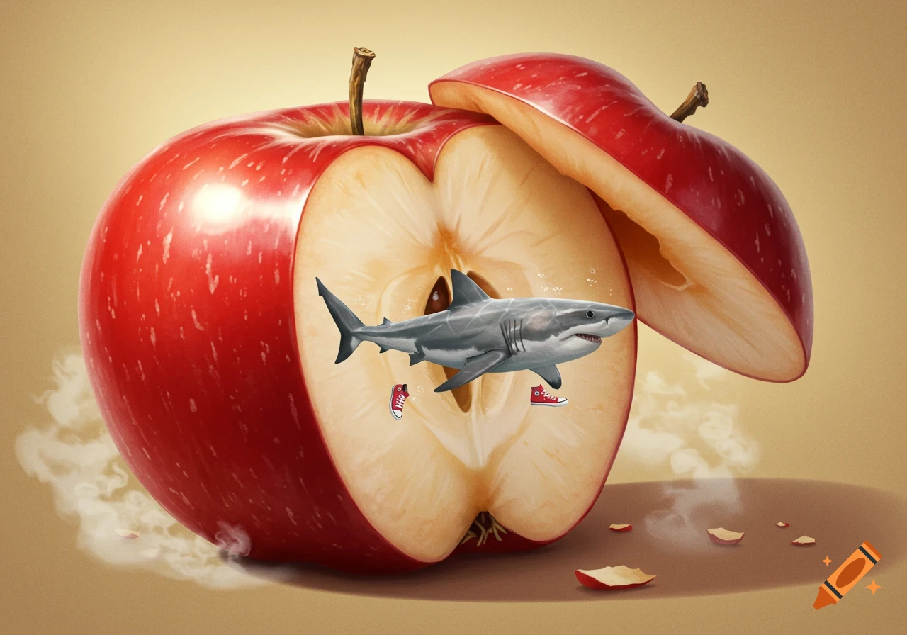 A photorealistic illustration of a huge red apple sliced open, revealing a great white shark floating inside with two tiny red shoes.