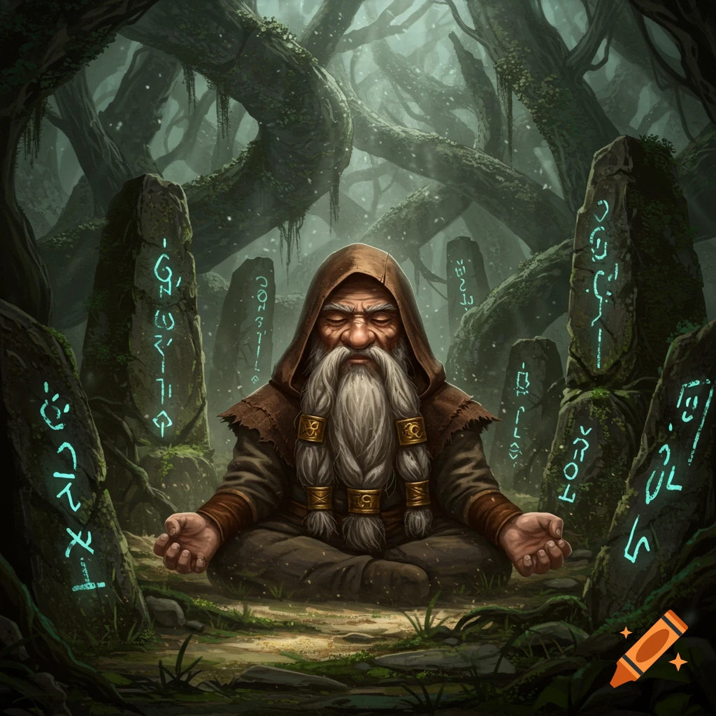 An ancient bearded dwarf in brown robes meditates cross-legged in an eerie forest, surrounded by glowing runestones, in a 3D fantasy art style.