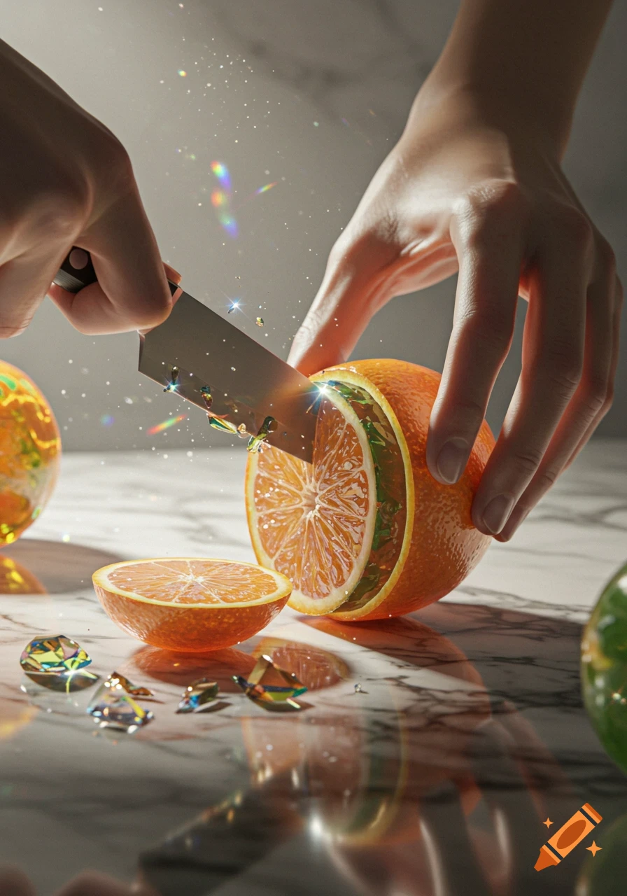 A hand slices an orange, revealing a sparkling, glass-like interior and scattering glitter on a reflective marble surface with colorful gems.