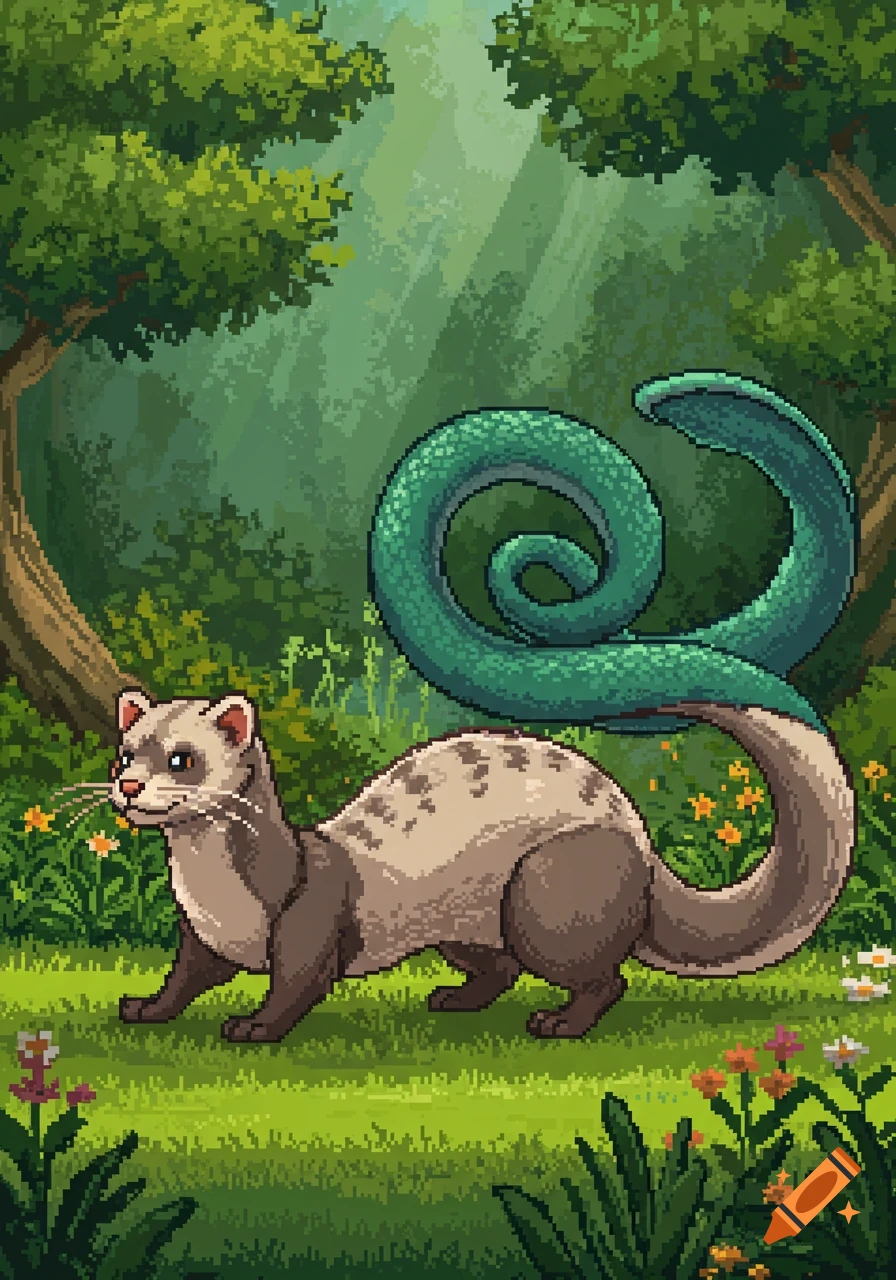 A pixel art chimera with a ferret body, cat-like head, and a long green snake tail stands in a lush forest.