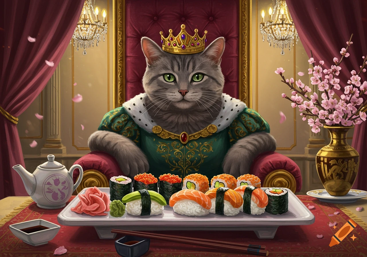 A majestic cat queen in a crown and green gown sits at a table with a platter of sushi in a lavish, illustrated room.