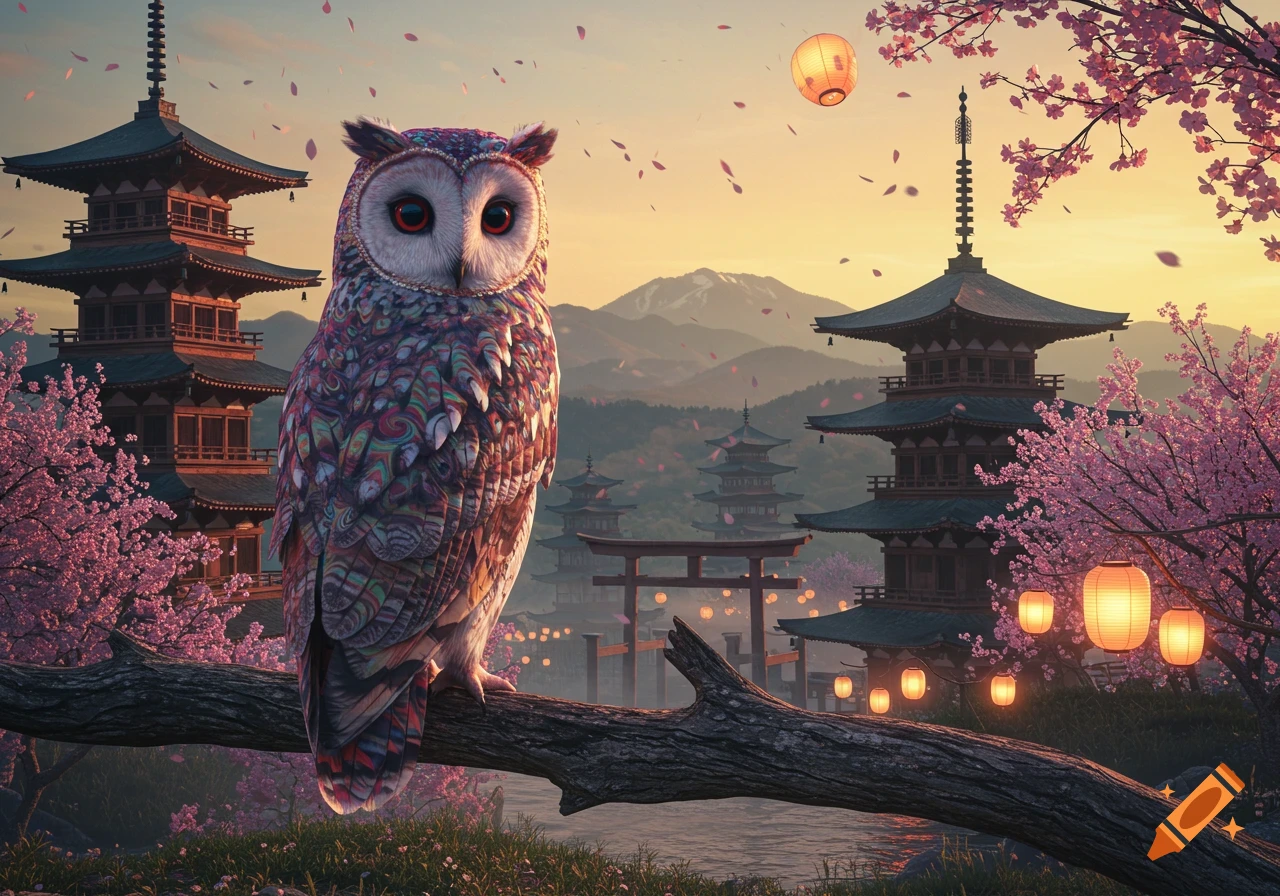 A vibrant, surreal owl with psychedelic feathers perches on a branch, overlooking Feudal Japanese pagodas, cherry blossoms, and misty mountains at sunset.
