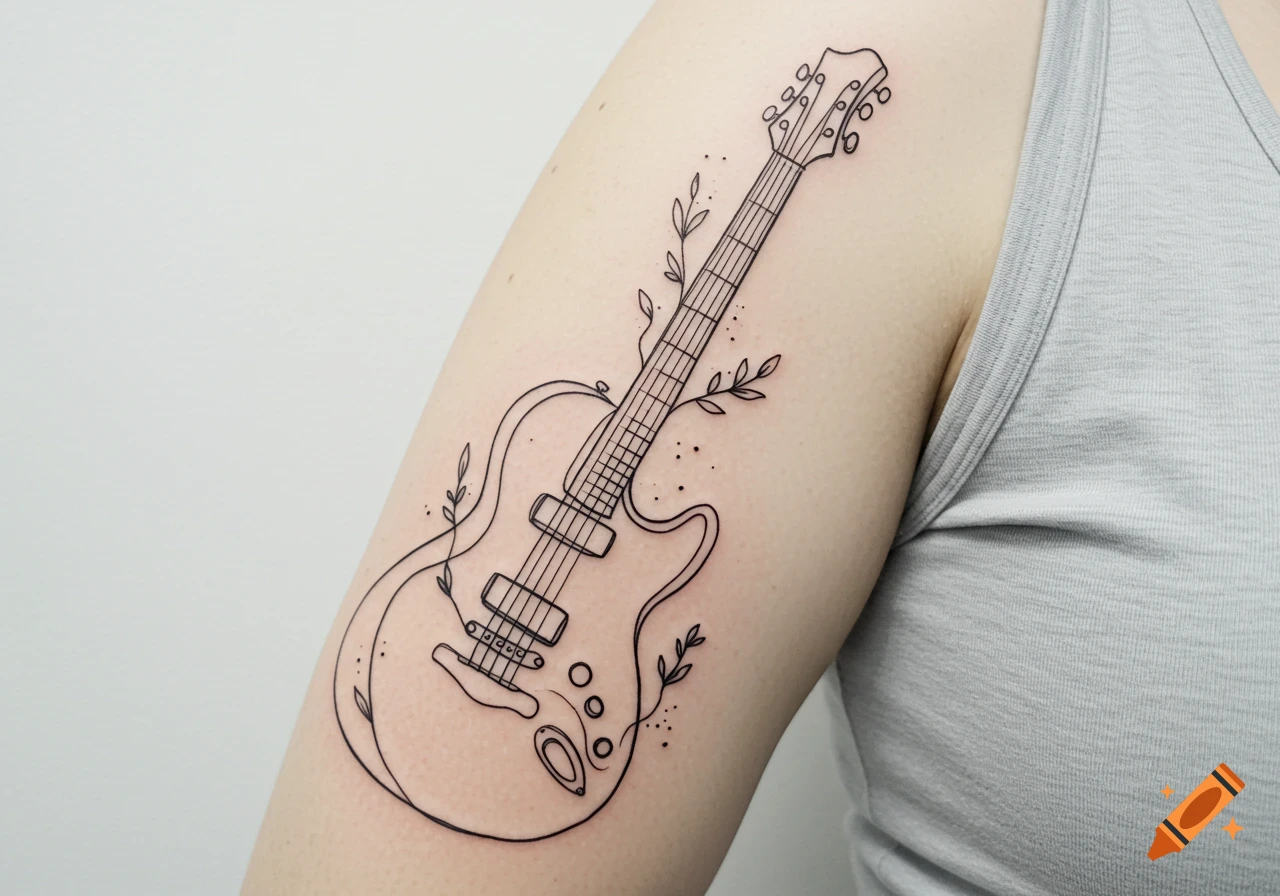 Fine line tattoo of a guitar with leafy vines on an arm.