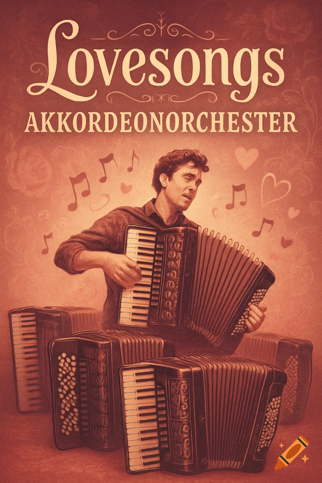 A vintage-style poster showing a man playing an accordion, surrounded by musical notes and hearts. Text reads 'Lovesongs Akkordeonorchester'.