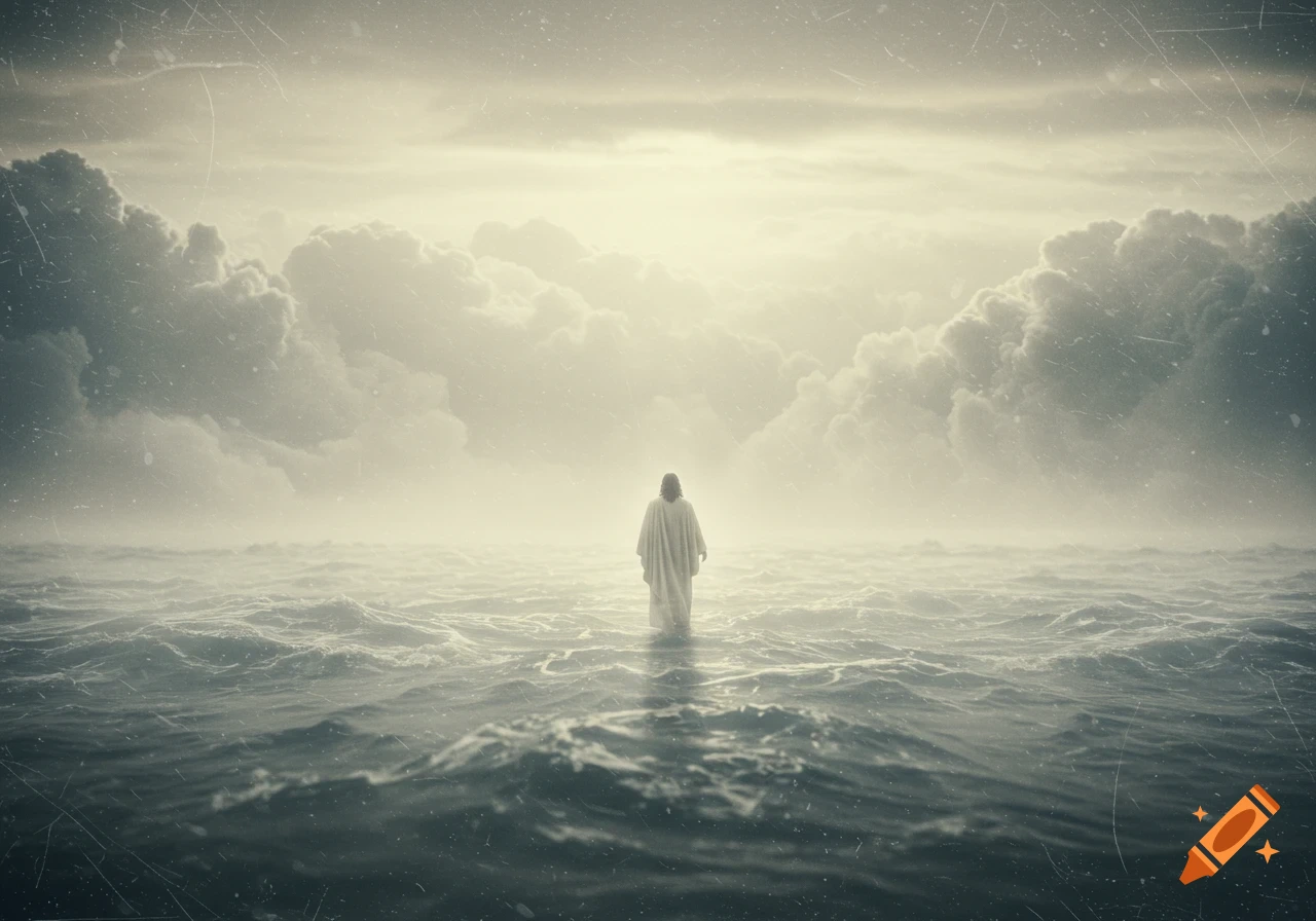 Photorealistic depiction of Jesus walking on stormy waters under heavy fog with light, featuring a scratchy film effect.
