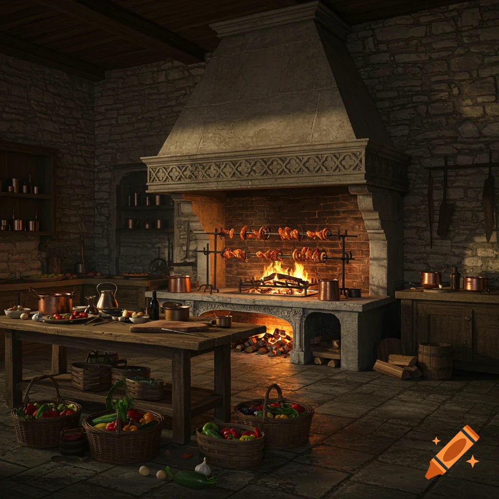 A grand 17th-century French ch a t e a u kitchen with a large stone fireplace, roasting spits, and a wooden preparation table.