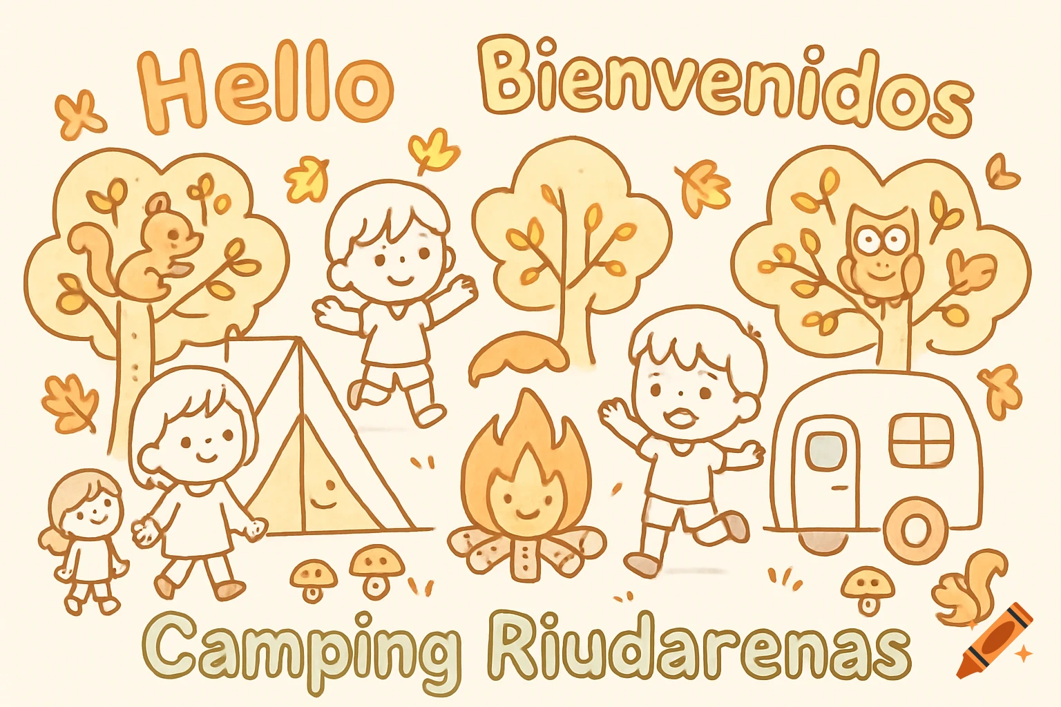 Kawaii line art illustration of a cheerful family camping scene with kids, a tent, caravan, and text 'Hello Bienvenidos Camping Riudarenas'.
