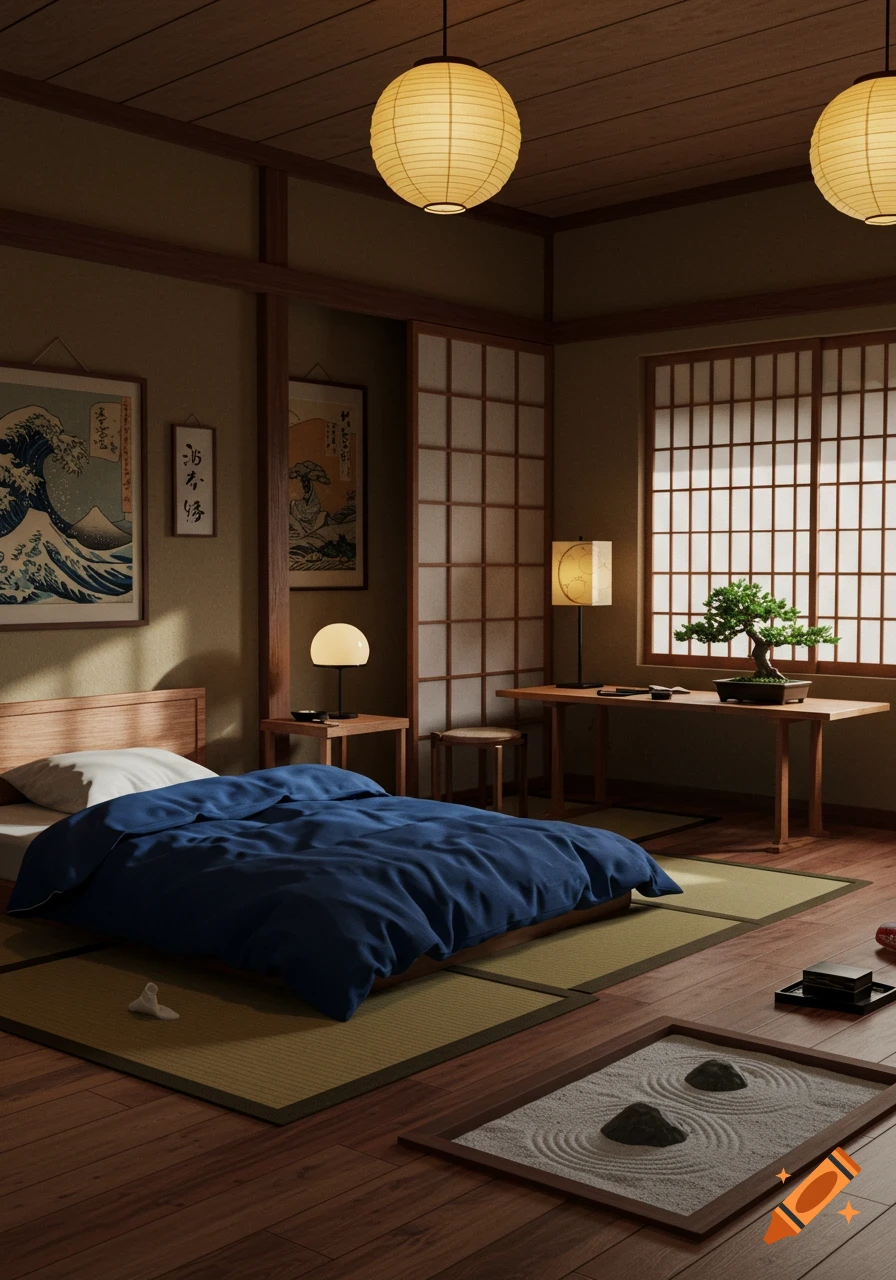A Japanese-style bedroom with a low bed, tatami mats, shoji screens, a bonsai tree, and a zen garden, rendered in a photorealistic style.