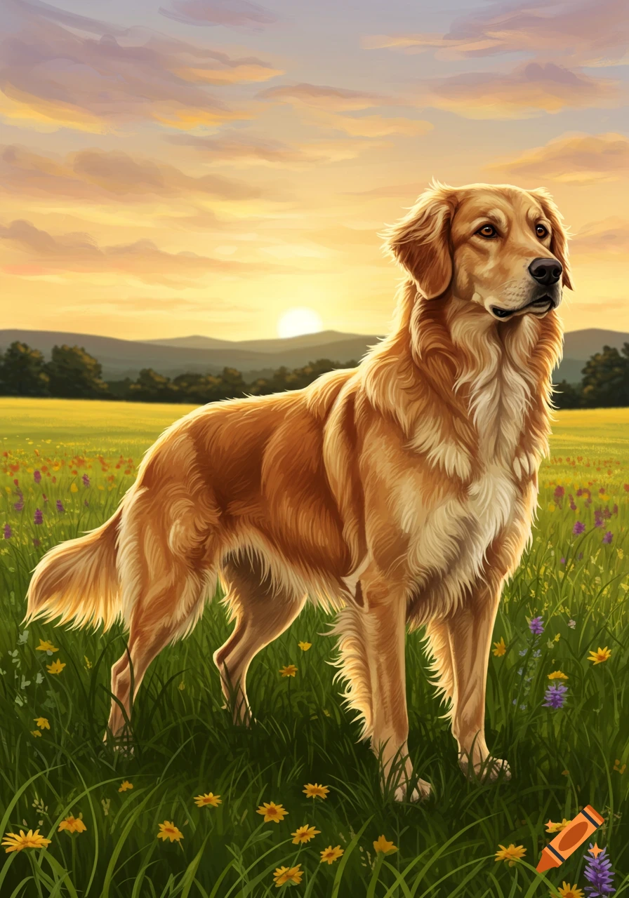 A detailed illustration of a golden retriever standing in a field of wildflowers at sunset, with a golden sky.