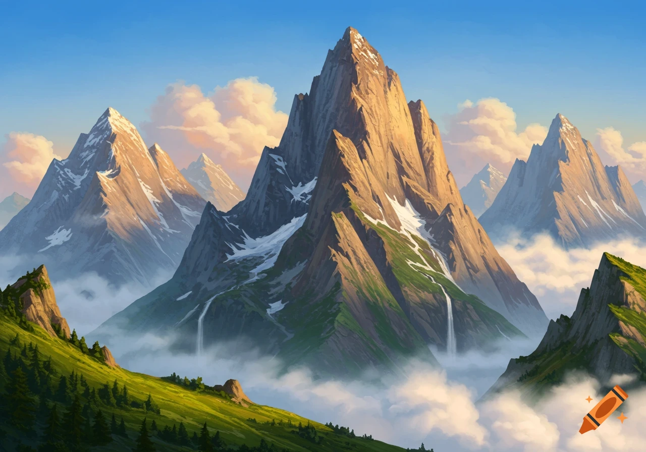 Stylized digital painting of majestic, jagged mountains with snow and green slopes, rising above a misty valley under a clear blue sky.