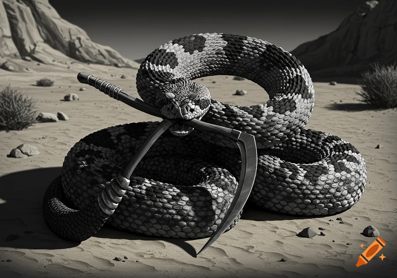 A black and white rattlesnake coiled in a desert, holding a curved metal sickle in its mouth.